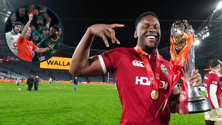 British and Irish Lions captain Maro Itoje and an inset of Referee Matthew Carley showing a red card.