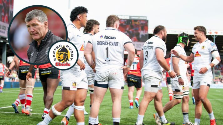 A two layered image of Exeter Chiefs players and Rob Baxter