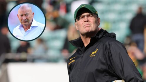 Springboks boss Rassie Erasmus and Japan head coach Eddie Jones (inset).