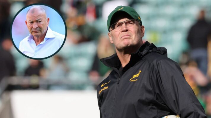 Springboks boss Rassie Erasmus and Japan head coach Eddie Jones (inset).