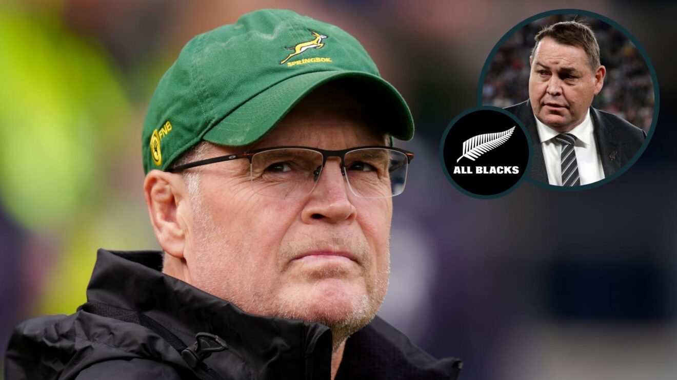 Springboks head coach Rassie Erasmus and an inset of ex-All Blacks boss Sir Steve Hansen.