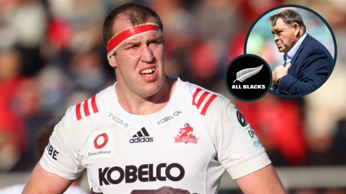 Brodie Retallick and an inset of ex-All Blacks coach Sir Steve Hansen.