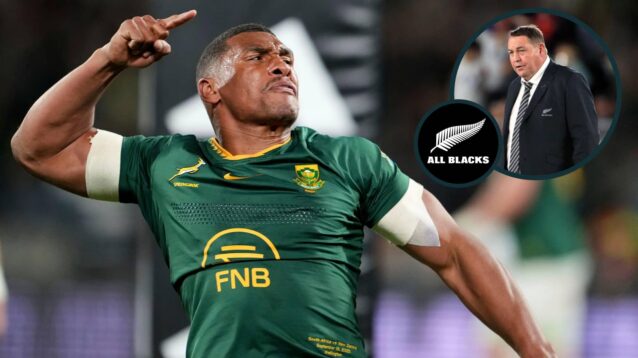 Springboks back Damian Willemse celebrates and an inset of ex-All Blacks boss Sir Steve Hansen.