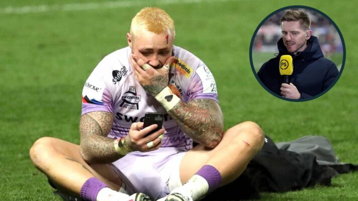 Exeter Chiefs Jack Nowell reacts after the European Champions Cup Final and an inset of Gareth Steenston (via: www.inpho.ie).