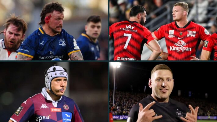 Representatives from the four Champions Cup semi-finalists, Andrew Porter (Leinster, top left), Charles Ollivon and Dave Ribbans (Toulon, top right), Louis Bielle-Biarrey (Bordeaux-Begles, bottom left), and Finn Russell (Bath, bottom right).
