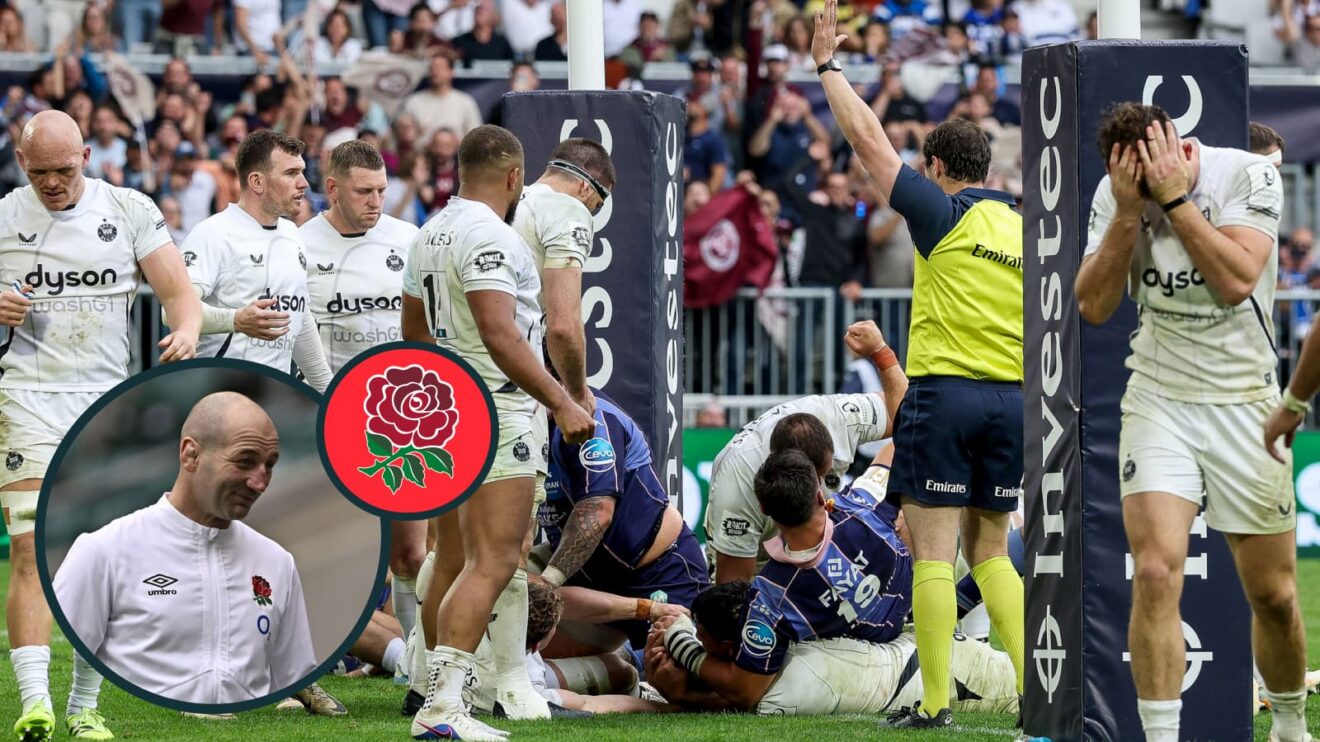 two layer image of Bath losing at Bordeaux and Steve Borthwick