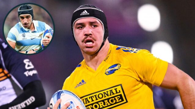 Hurricanes forward Devan Flanders and an inset of Los Pumas star Tomas Lavanini.