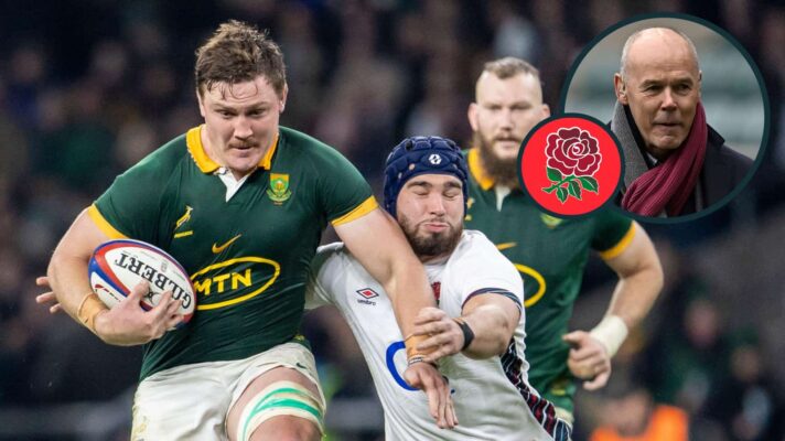 Springboks forward Jasper Wiese in action against England and an inset of Sir Clive Woodward.