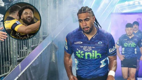 Blues star Hoskins Sotutu and an inset of Hurricanes' Fehi Fineanganofo.