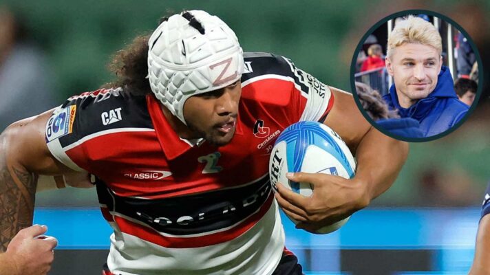 Leicester Fainga'anuku in action for the Crusaders and Blues fly-half Beauden Barrett (inset).