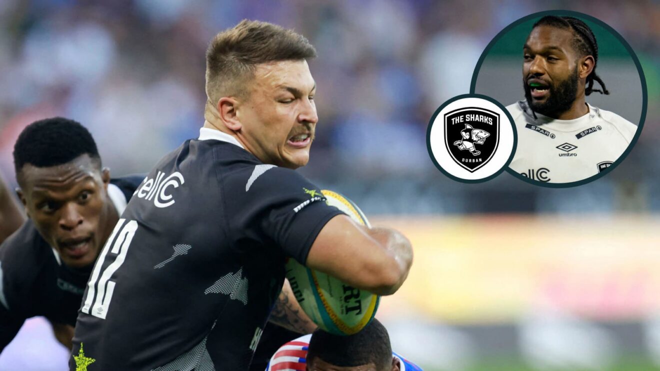 Andre Esterhuizen and Jurenzo Julius (inset) in action for the Sharks.