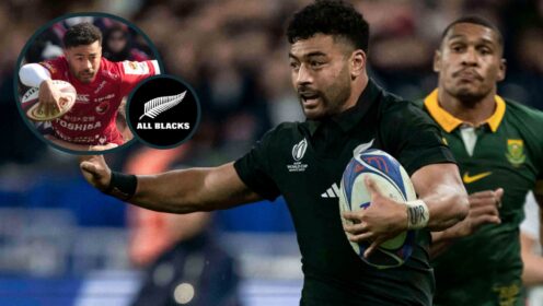 Richie Mo'unga for the All Blacks against the Springboks and playing in Japan (inset).