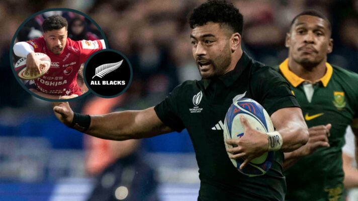 Richie Mo'unga for the All Blacks against the Springboks and playing in Japan (inset).