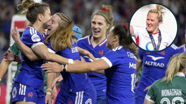 A two layered image of France players celebrating and Marlie Packer