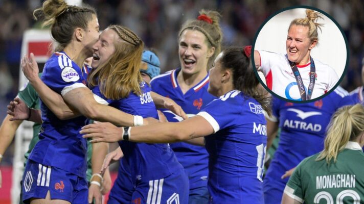 A two layered image of France players celebrating and Marlie Packer