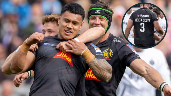 Len Ikitau congratulated by Exeter Chiefs team-mates after try against Bath.