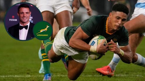 Springboks star Sacha Feinberg-Mngomezulu and All Blacks legend Dan Carter (inset).