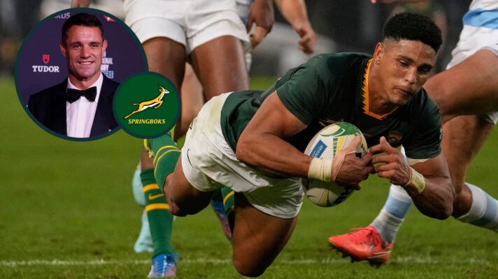Springboks star Sacha Feinberg-Mngomezulu and All Blacks legend Dan Carter (inset).