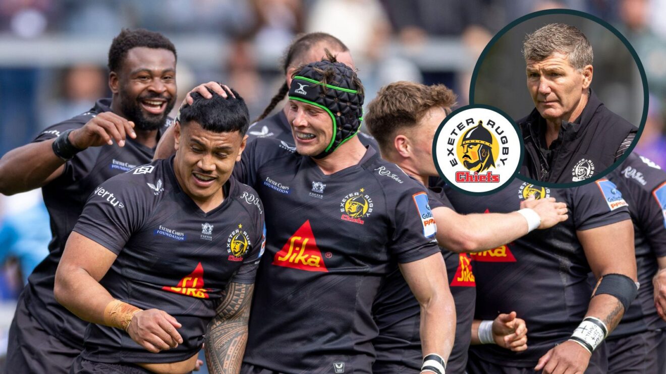 A two layered picture of Exeter Chiefs players and Rob Baxter