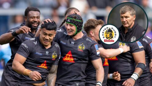 A two layered picture of Exeter Chiefs players and Rob Baxter