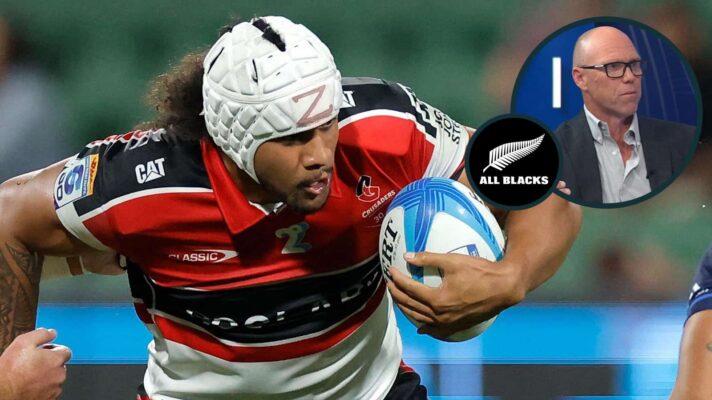 Leicester Fainga'anuku in action for the Crusaders and All Blacks great Jeff Wilson (inset).