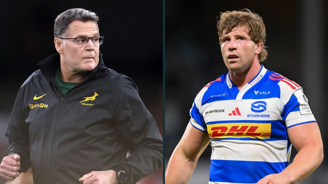 A two panel image of Rassie Erasmus and Evan Roos
