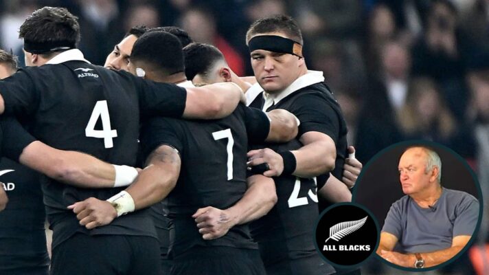 All Blacks players in a huddle and legendary coach Sir Graham Henry (inset).