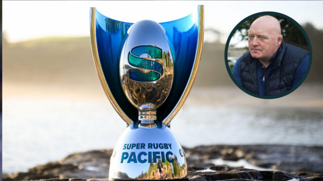The Super Rugby Pacific trophy and former Ireland hooker Bernard Jackman (inset).