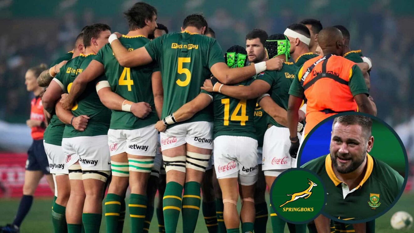 Springboks team in a huddle and tighthead prop Thomas du Toit (inset).