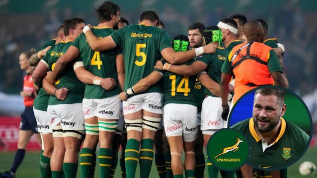 Springboks team in a huddle and tighthead prop Thomas du Toit (inset).