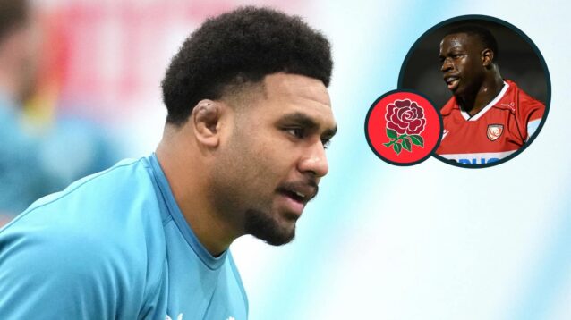 Bath's Vilikesa Sela in England training and Gloucester's rising star Afolabi Fasogbon (inset).