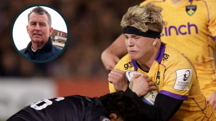 Henry Pollock in action for Northampton Saints and former Test referee Nigel Owens (inset).
