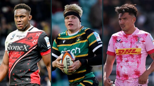 A three panel image of Maro Itoje (left), Henry Pollock (centre) and Marcus Smith (right)