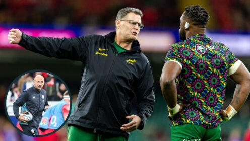 Springboks head coach Rassie Erasmus talking with captain Siya Kolisi.