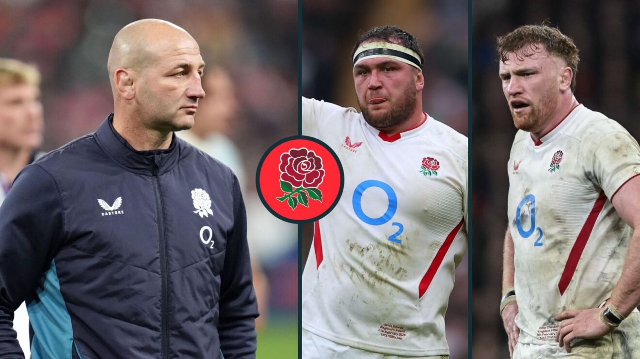 A three panel image of Steve Borthwick, Jamie George and Ollie Chessum