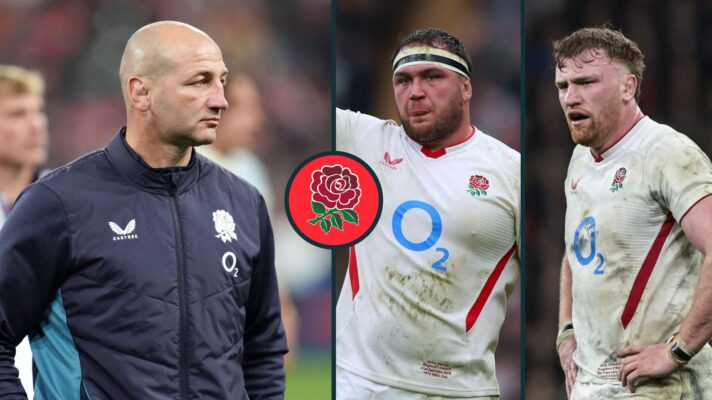 A three panel image of Steve Borthwick, Jamie George and Ollie Chessum