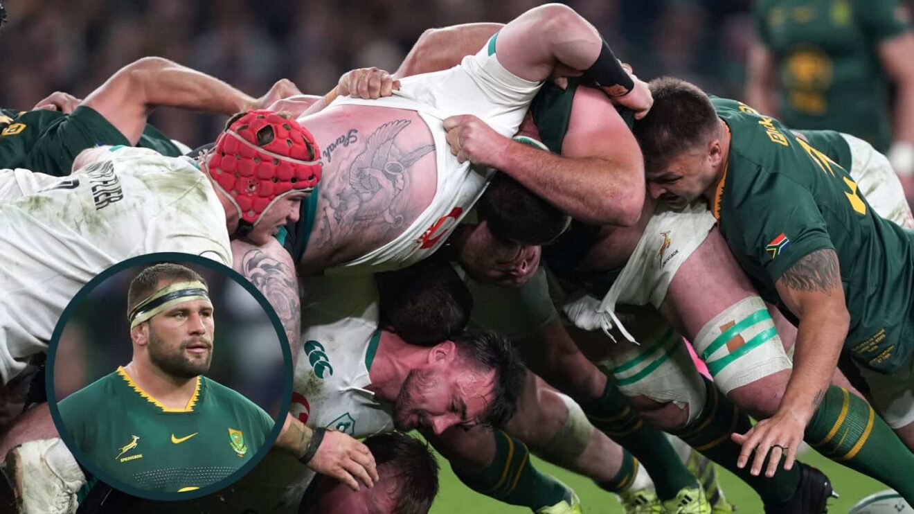 Springboks scrummaging against Ireland in 2025 and prop Thomas du Toit (inset).
