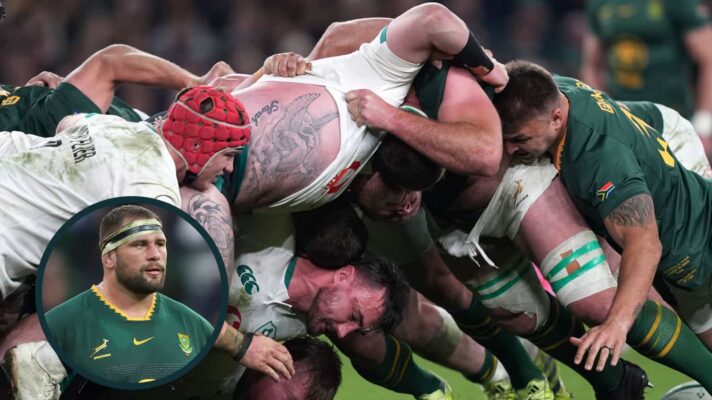 Springboks scrummaging against Ireland in 2025 and prop Thomas du Toit (inset).