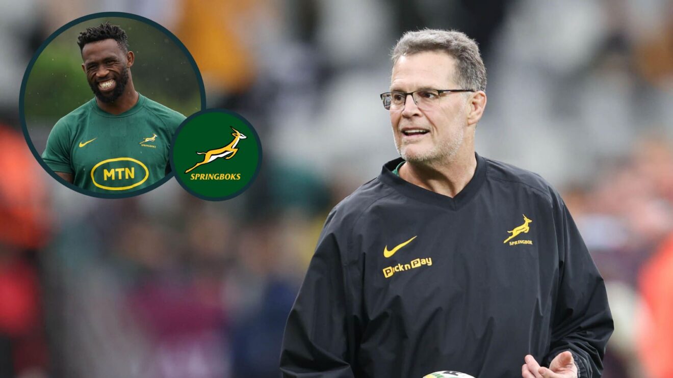 Head coach Rassie Erasmus and an inset of Springboks captain Siya Kolisi.