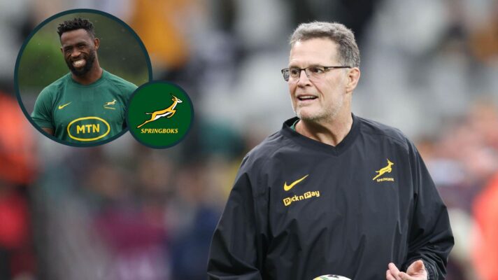 Head coach Rassie Erasmus and an inset of Springboks captain Siya Kolisi.