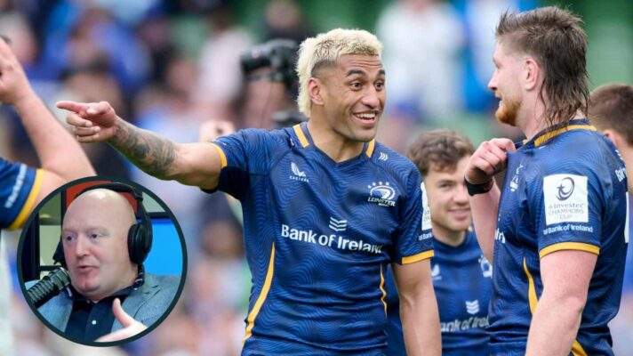 Rieko Ioane and Joe McCarthy following Leinster's Champions Cup semi-final victory, and pundit Bernard Jackman (inset).