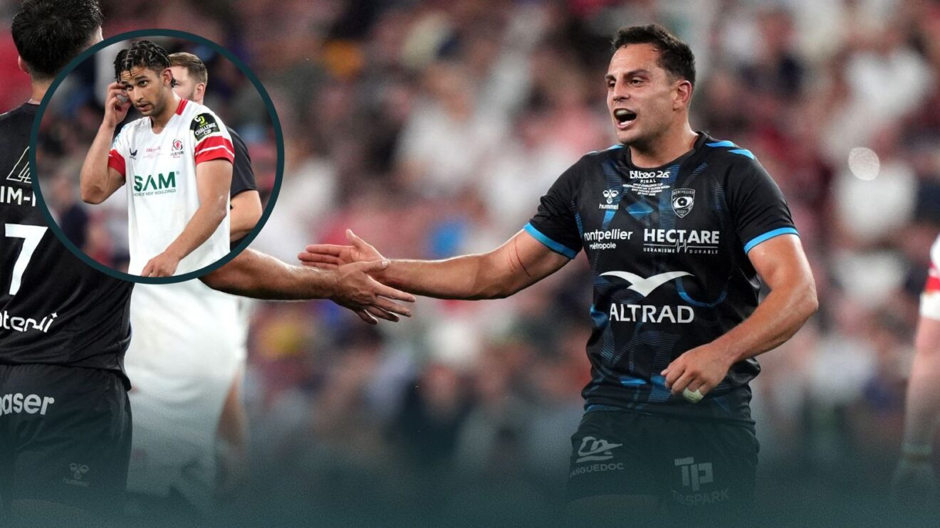 A two layered image from the EPCR Challenge Cup final between Montpellier and Ulster