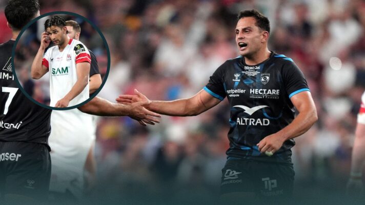 A two layered image from the EPCR Challenge Cup final between Montpellier and Ulster