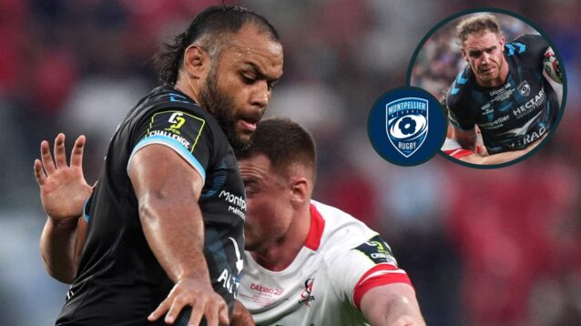 Billy Vunipola and Lenni Nouchi (inset) in action for Montpellier against Ulster in the Challenge Cup final.