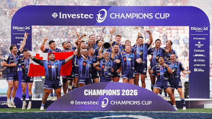 Bordeaux-Begles celebrate with Investec Champions Cup trophy.