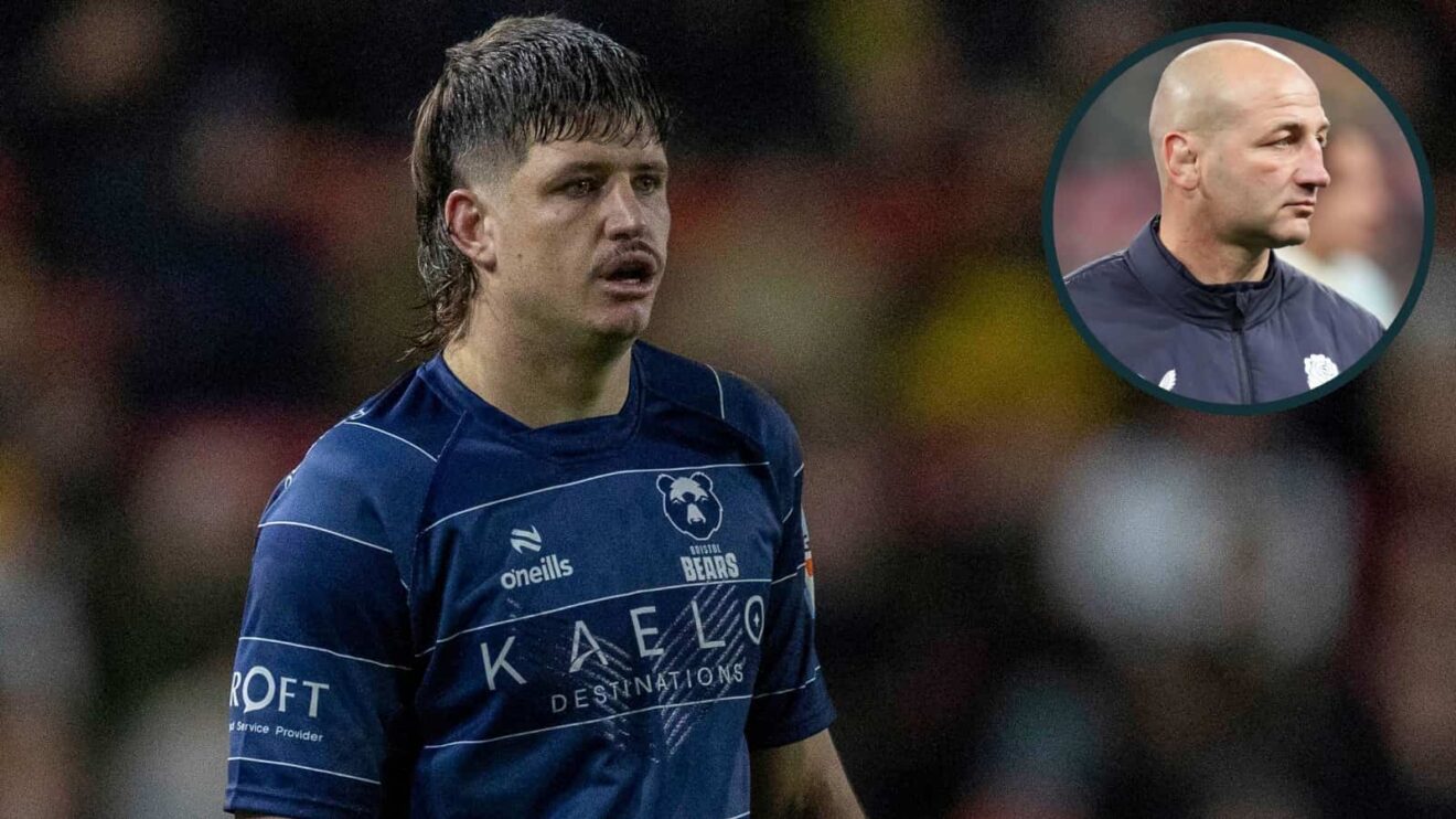 Bristol Bears centre Benhard Janse van Rensburg and England head coach Steve Borthwick (inset).