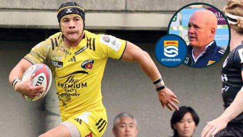 A two layered image of Cheslin Kolbe and John Dobson