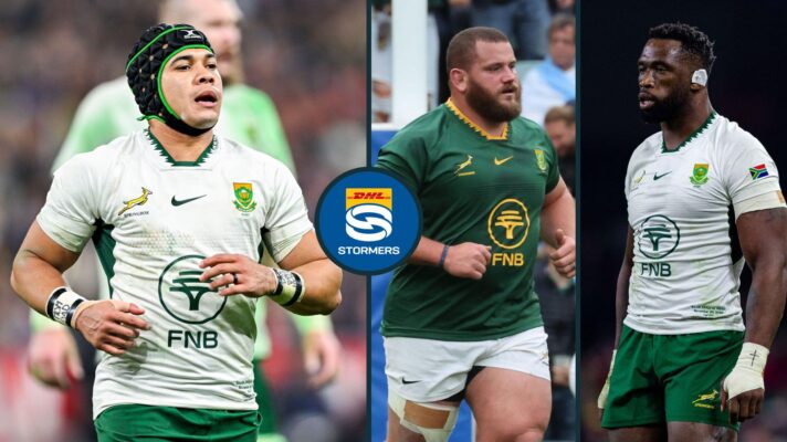 A three panel image of Cheslin Kolbe (left), Wilco Louw (centre) and Siya Kolisi (right)