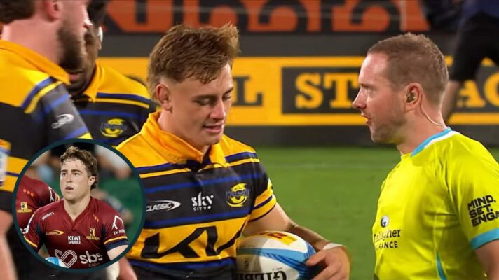 Referee Angus Gardner telling off Ruben Love and Highlanders scrum-half Adam Lennox (inset).
