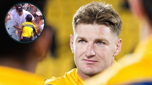 Jordie Barrett and an inset of him getting kicked out of the MCG in 2019.